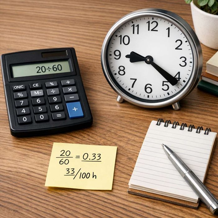 Comment convertir 20 minutes en centièmes d’heure ?